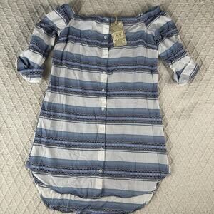 Chelsea & Violet Off Shoulder Striped Button Front Dress Blue White Size M NWT